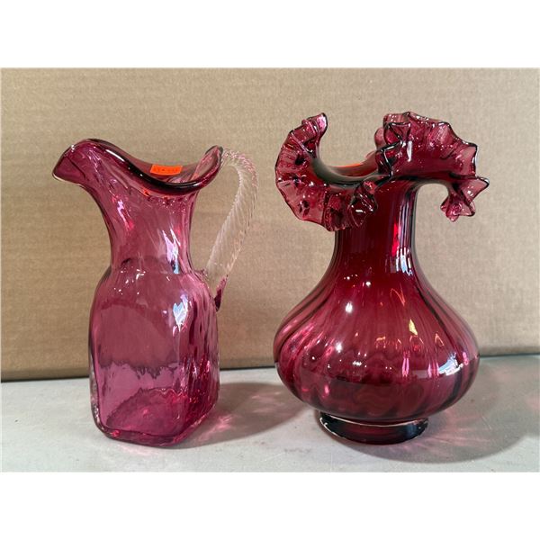 2 Red Art Glasses Pieces: Ribboned Vase & Pitcher