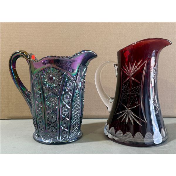 2 Vintage Pitchers: Carnival Glass & Red Pinwheel