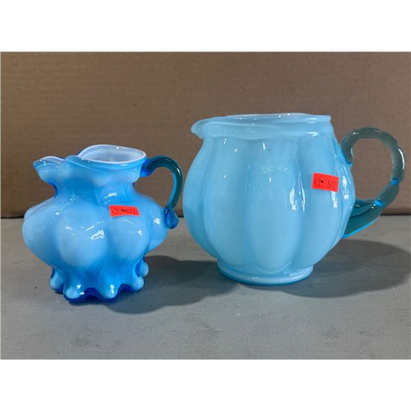2 Beautiful Blue Art Glass Melon Pitchers (1 Hand Blown)