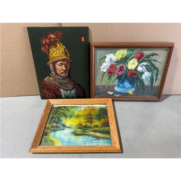 3 Artworks: Needlepoint, Oil On Canvas, Silk Print