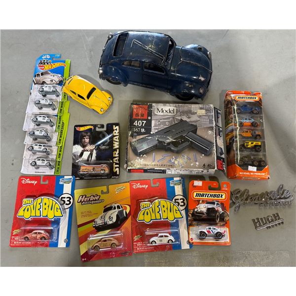 Assorted Toy Cars, Emblems, Model Gun Kit