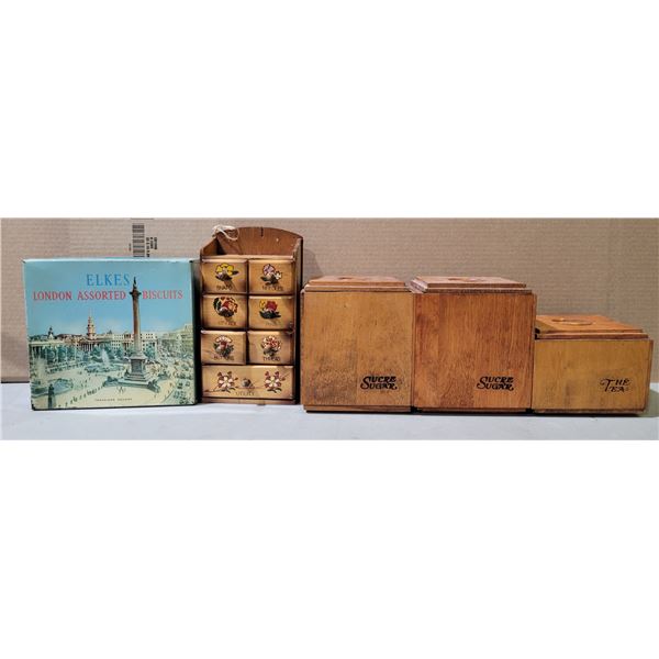 Assorted Containers, Elks Tin, & Miniature Sewing Storage