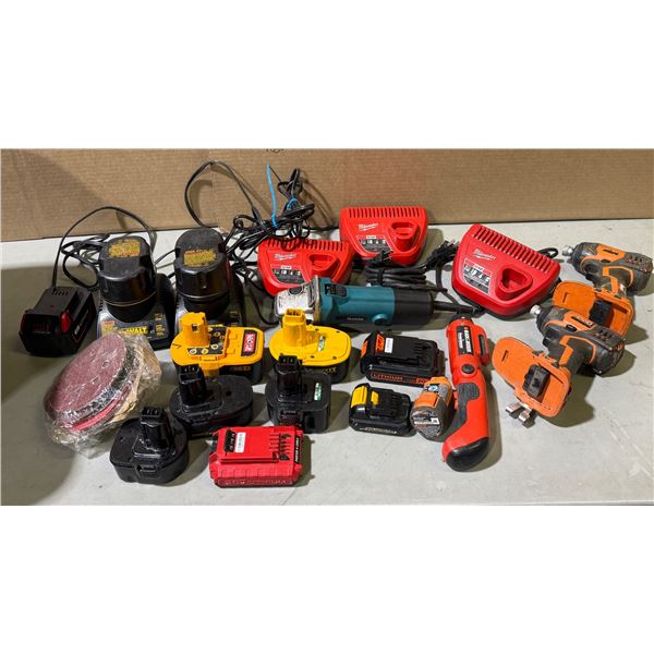Assorted Battery Chargers, Drills, Batteries: Rigid, Dewalt, Milwaukee, Makita