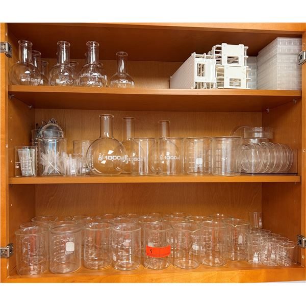Multiple Flat-Bottomed Boiling Flasks, Beakers, Tube Racks, Strainers, etc Misc Sizes