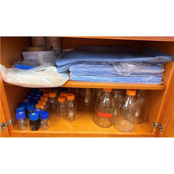 Multiple Glass Media Storage Bottles w/ Liquid Measurements, Medical Drape Sheets, etc Misc Sizes