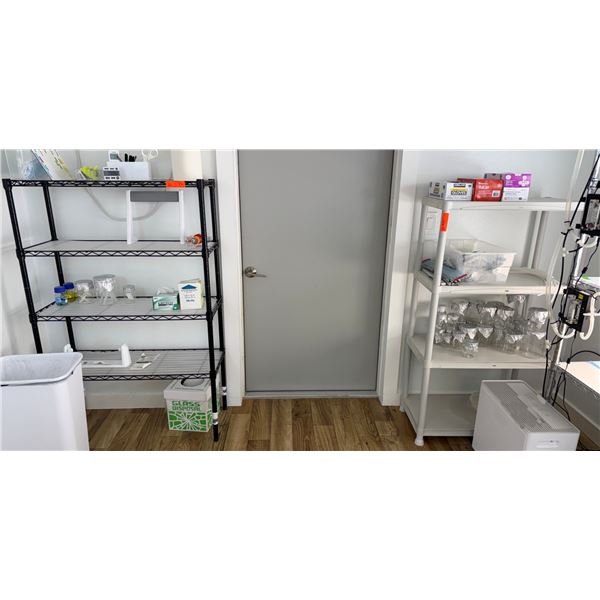 Qty 2 Shelving Units: Black Metal Mesh & White Plastic (contents not included)