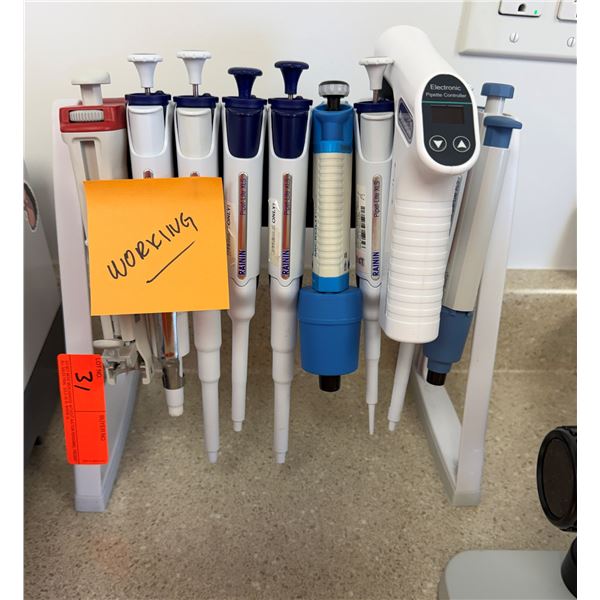 Multiple Rainin Pipet-Lite XLS Mechanical Pipettes & Electronic Pipette Controller in Stand