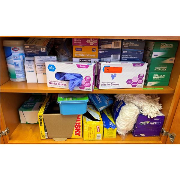 Multiple Boxes Nitrile Exam Gloves, Kimtech Science Wipes, Parafilm "M", Cleaning Supplies, etc