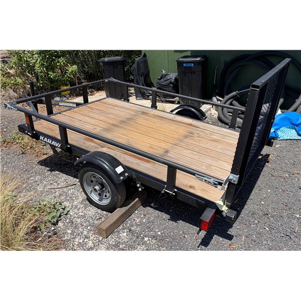 Karavan Utility Single Axle Towable Trailer w/ Wooden Deck & Mesh Ramp 96" x 60"