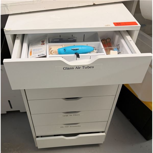White 4-Drawer Cabinet 18" x 16" x 34"H & Contents: Lab Tools, Filters, Tubing, Connectors, etc