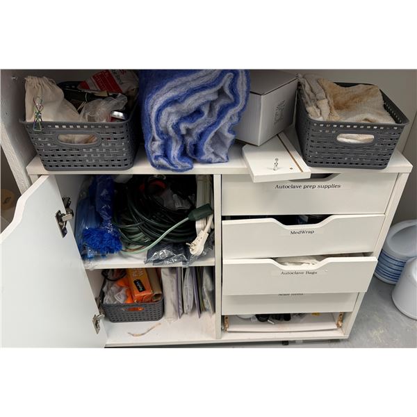 White 4-Drawer Cabinet w/ Door & Contents: Power Strips, Tubing, Office Supplies, etc