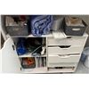 Image 1 : White 4-Drawer Cabinet w/ Door & Contents: Power Strips, Tubing, Office Supplies, etc