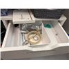 Image 5 : White 4-Drawer Cabinet w/ Door & Contents: Power Strips, Tubing, Office Supplies, etc