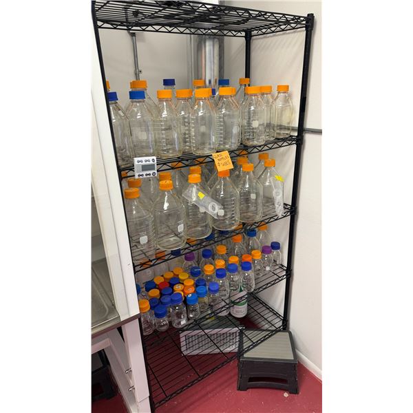 Metal Mesh Shelving Unit 36" x 15" x 72"H & Contents: Multiple Glass Bottles, Misc Sizes