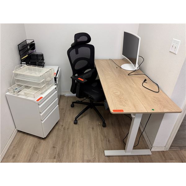 Qty 2 White 3-Drawer Cabinets w/ Adjustable Height Desk 55" x 24" & Rolling Office Chair