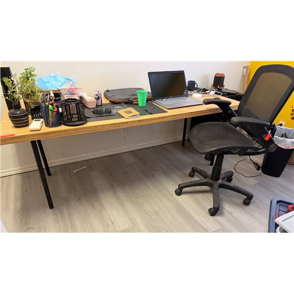 Wooden Table 80" x 32" x 28"H & Rolling Office Chair (contents not included)