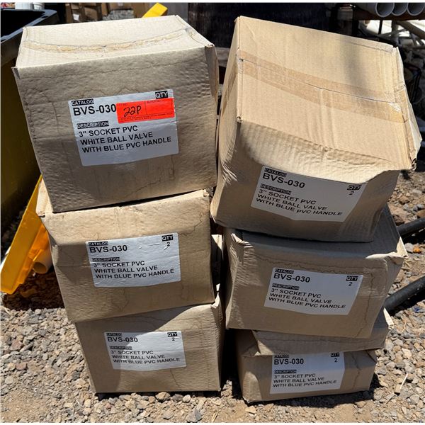 Qty 6 Boxes (of 2 each=12 Valves) BVS-030  3" PVC Ball Valves