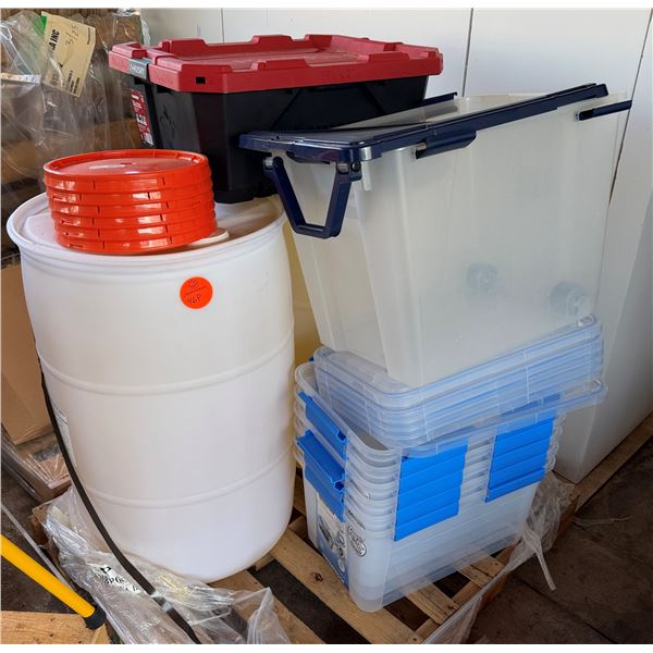 Multiple Plastic Containers w/ Some Lids, Misc Sizes & Drum Catania Canola Oil