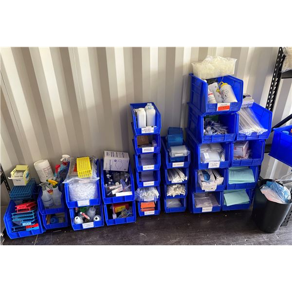 Multiple Blue Bins & Contents: Racks, Spray Bottles, Fisher Head Covers, Solution Bottles, etc