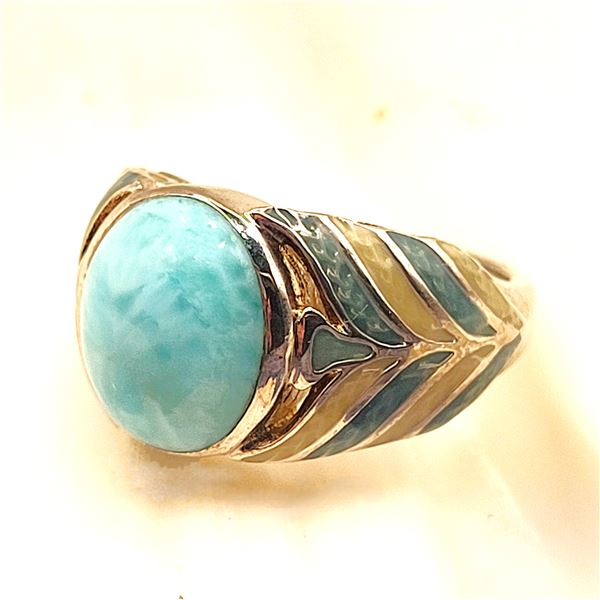 Larimar and Guilloché Enamel Statement Ring - .925