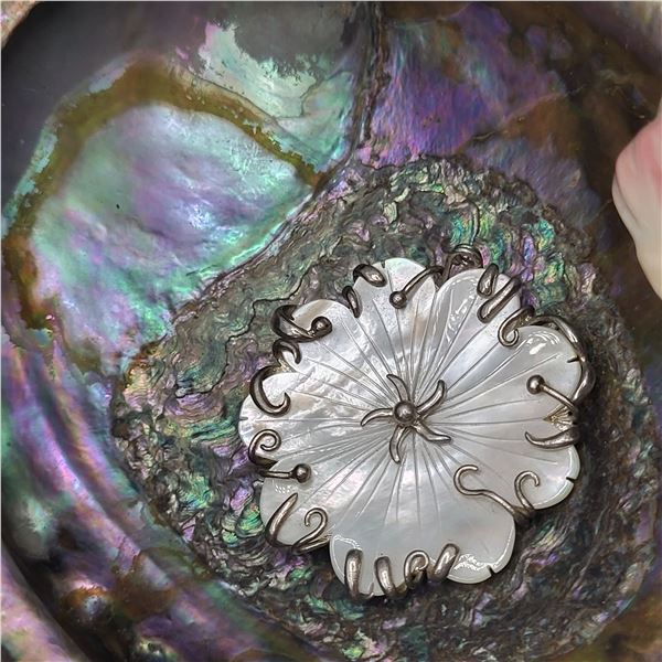 Carved Mother of Pearl Flower and Tendrils Pendant