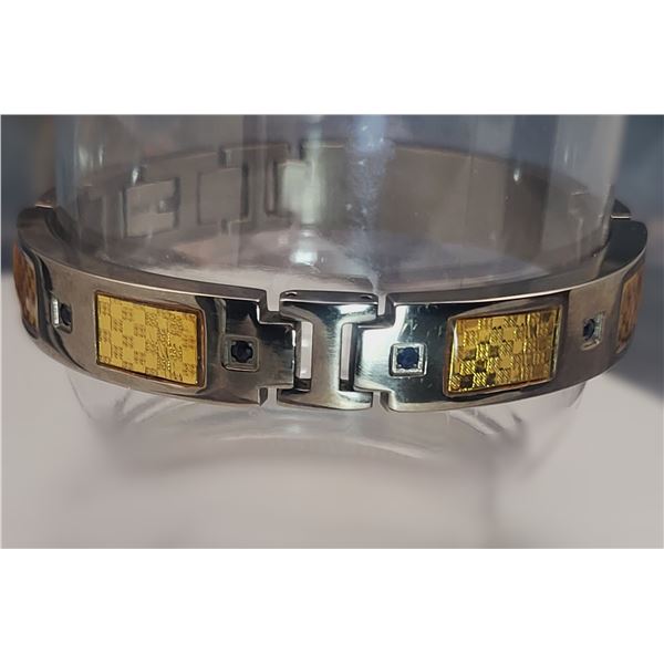 Titanium & YG Plated Steel Blue Sapphire Bracelet