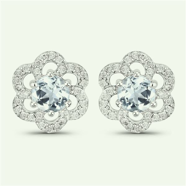 1.14 Carat Genuine Aquamarine and White Diamond 14K White Gold Earrings