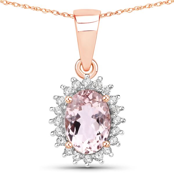 Oval-Cut Morganite and Diamond Halo Pendant 14K