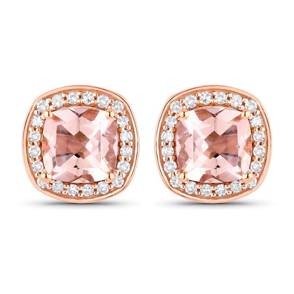 14K Rose Gold Genuine Morganite and Diamond Halo Earrings