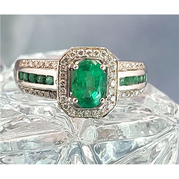 18K Emerald and Diamond Halo Ring Signed Iliana