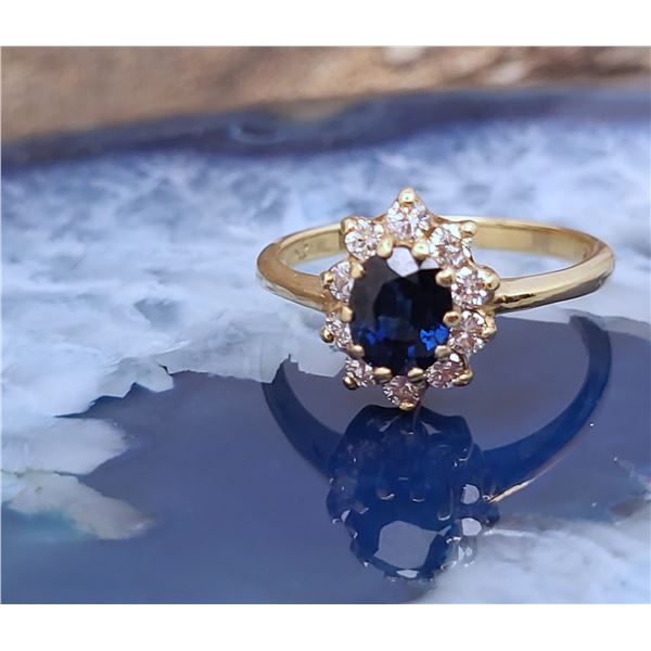 14K YG Royal Blue Sapphire Diamond Halo Ring