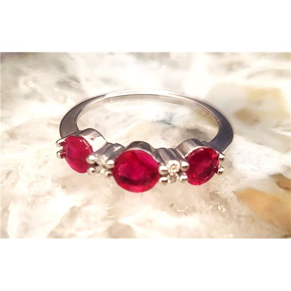 14K Genuine Ruby and Diamond 3-Stone Ring 1CTW