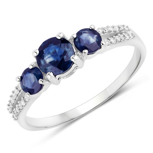 Genuine Blue Sapphire 3 Stone and Diamond Ring