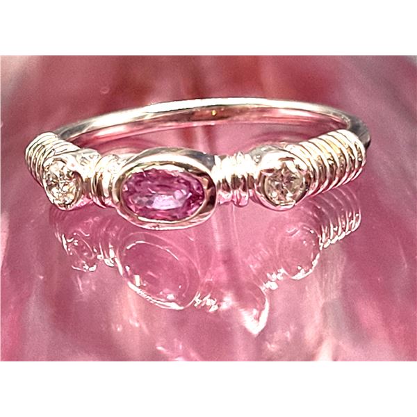 14K White Gold Pink Sapphire and Diamond Stacker Ring