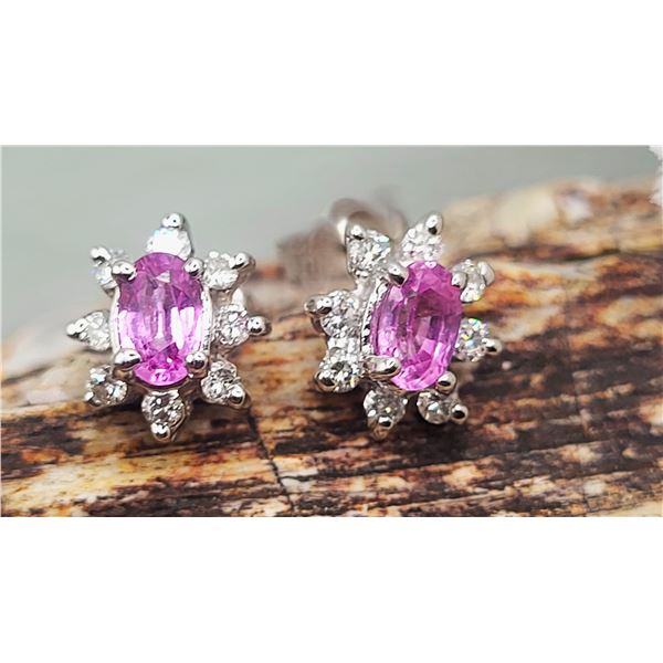 14K White Gold Pink Sapphire and Diamond Halo Earrings