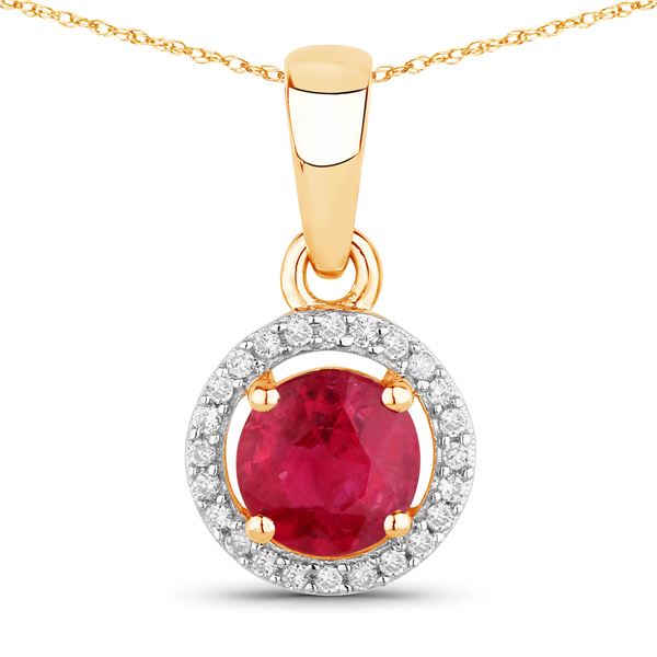 Genuine Ruby and Natural Diamond Halo Pendant 14K