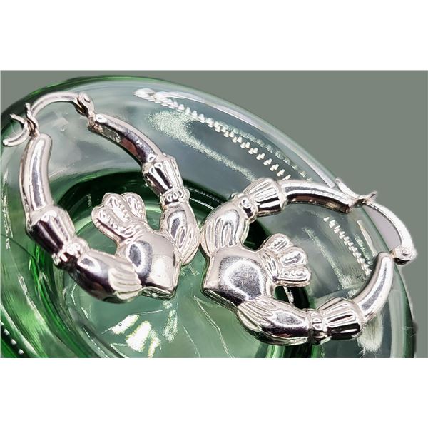 14K White Gold Irish Claddagh Hoop Earrings 3/4"