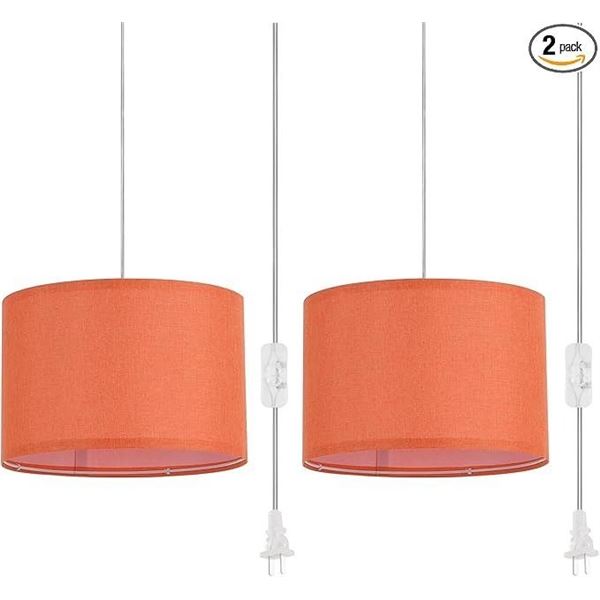 2-Pack Plug-In Pendant Lights/Hanging Lights with 15FT Cord; Orange Fabric Lamp Shades - New!