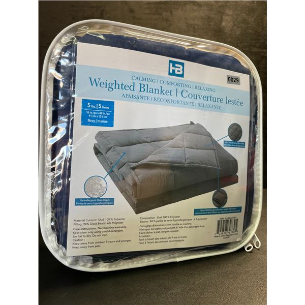Calming Weighted Blanket (5lbs) 36" x 48" - Navy Blue; Boxed Stitching Design - Brand New