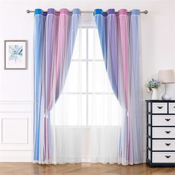 2-Pack Double-Layer Star Rainbow Blackout Curtains (52" W x 108" L) 2 Panels; Blue/Purple/Pink - New