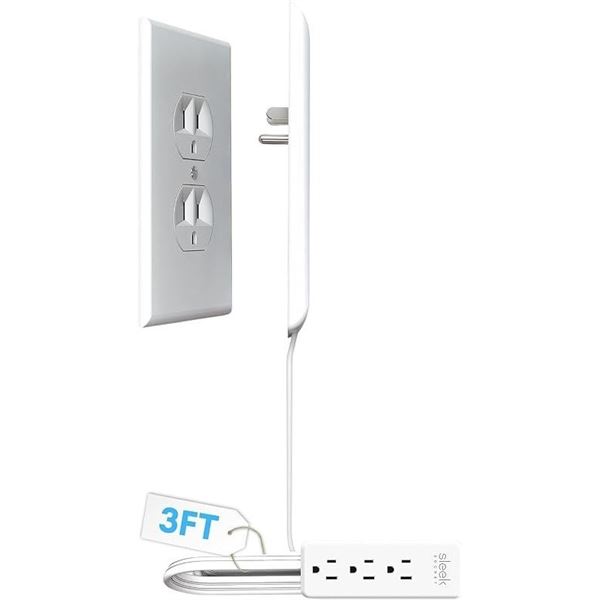 Sleek Socket Original Ultra-Thin Outlet Concealer w/ 3FT Cord & 3 Outlets; Hides Messy Cords! New