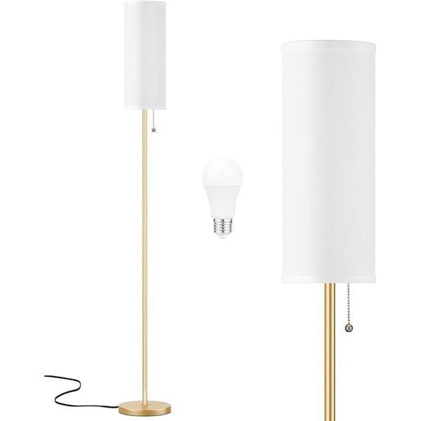 64" Minimalist Floor Lamp with White Linen Shade & Gold Pole; 3 Color Temps, LED Bulb Included - New