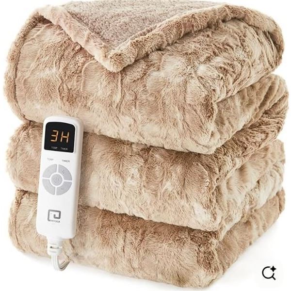 Electric Heated Blanket - Twin Size (62" x 84") 6 Heating Levels; Faux Fur & Sherpa (Camel) - New