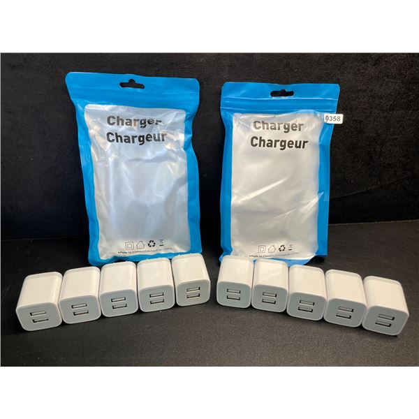 Lot of 10 Dual-USB Port Charging Blocks/Dual-USB Cube Wall Chargers - New