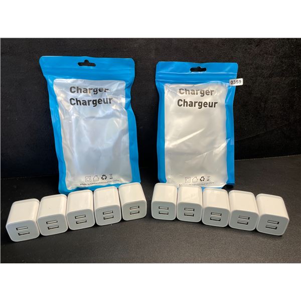 Lot of 10 Dual-USB Port Charging Blocks/Dual-USB Cube Wall Chargers - New