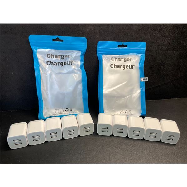 Lot of 10 Dual-USB Port Charging Blocks/Dual-USB Cube Wall Chargers - New