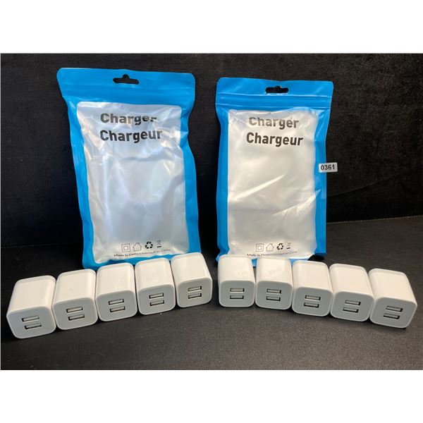 Lot of 10 Dual-USB Port Charging Blocks/Dual-USB Cube Wall Chargers - New
