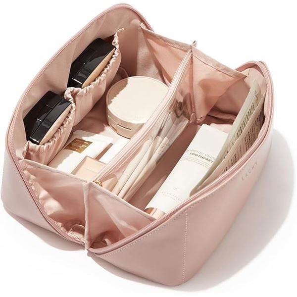 EACHY Large Travel Makeup/Cosmetic Bag (Pink) Open Flat/Spacious Design - Brand New