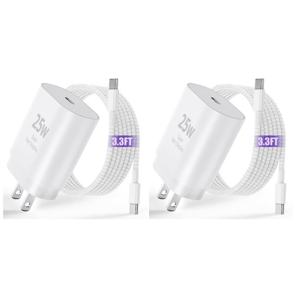 Lot of 2 Fast Chargers (USB-C to C) 25W Block/3.3FT Durable Cord Included in Each- New