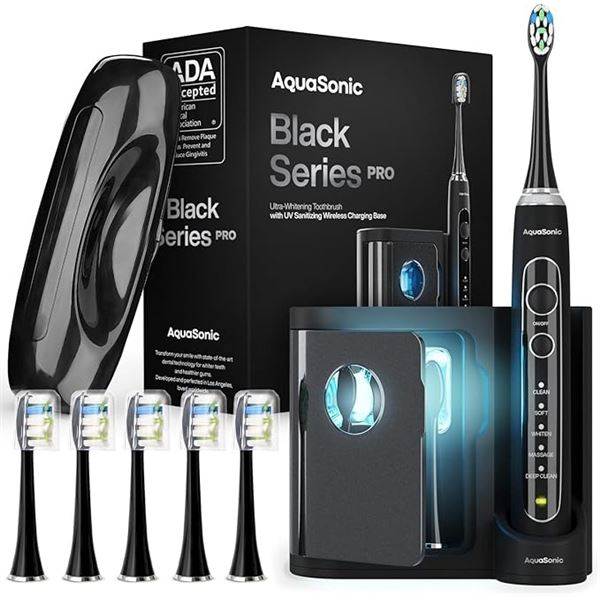 AquaSonic Black Series Pro Ultrasonic Smart Whitening Toothbrush w/ Base - New Sealed!